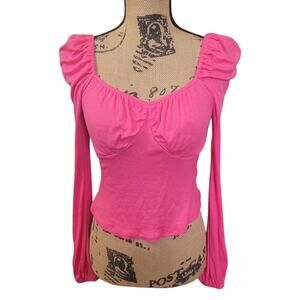 New XS Bar III pink ribbed knit puff sleeve top